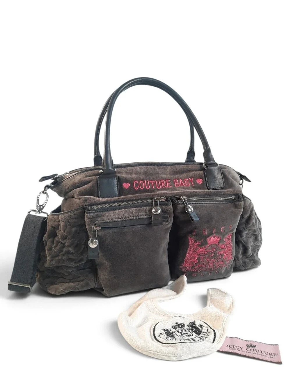 JUICY COUTURE Baby Bag Weekender Terry Velour Bib Duffle Crossbody Gray Pink Y2K